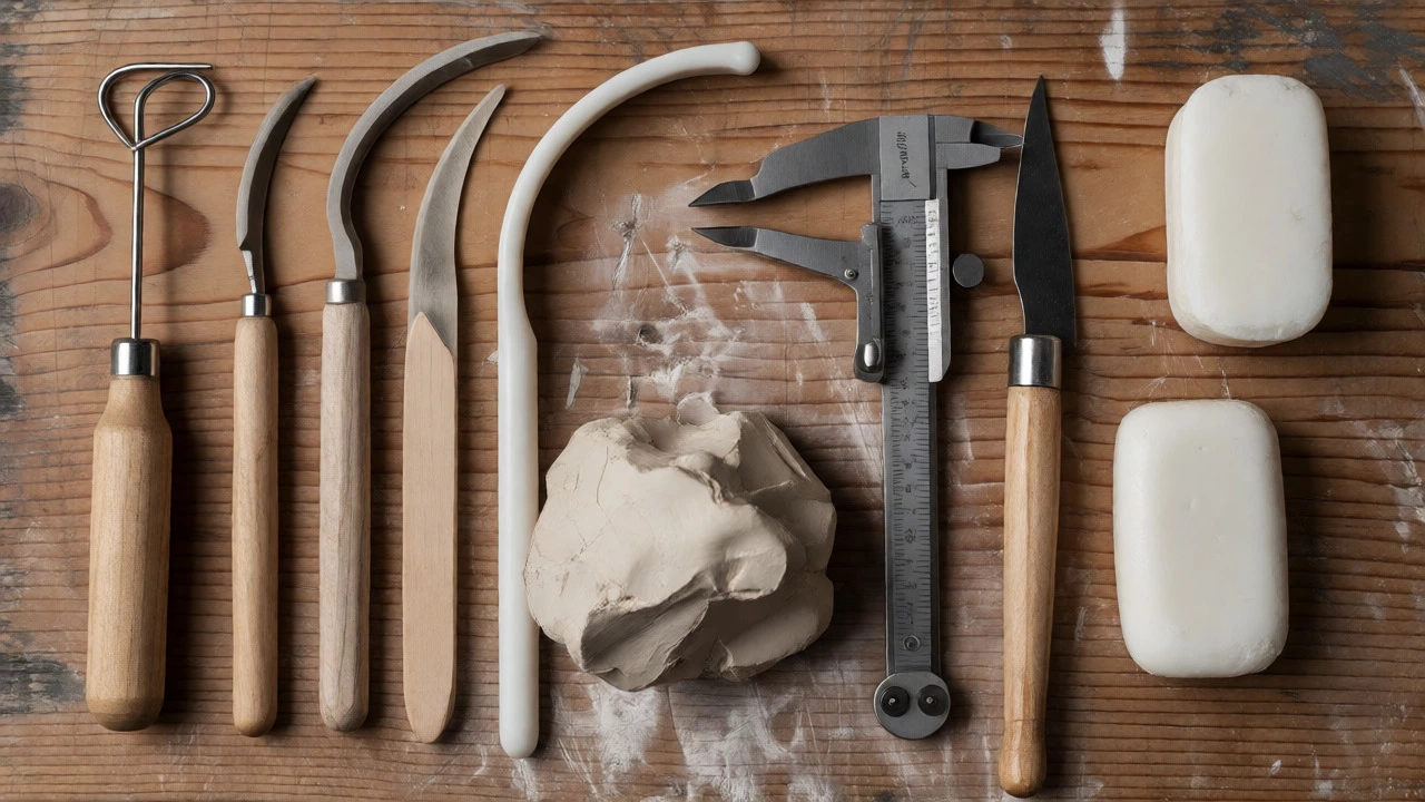 Beginner sculpture tools including wire loops, ribs, and a bar of soap on a wooden bench.