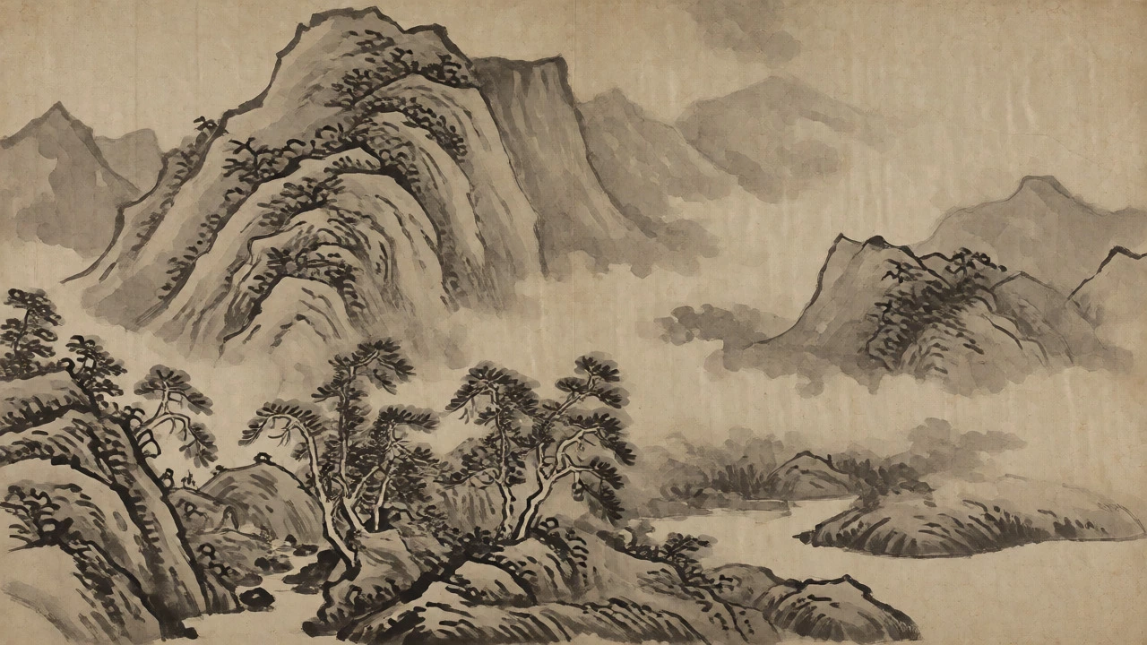 Chinese Shan Shui ink wash painting of misty mountains and pine trees on silk.