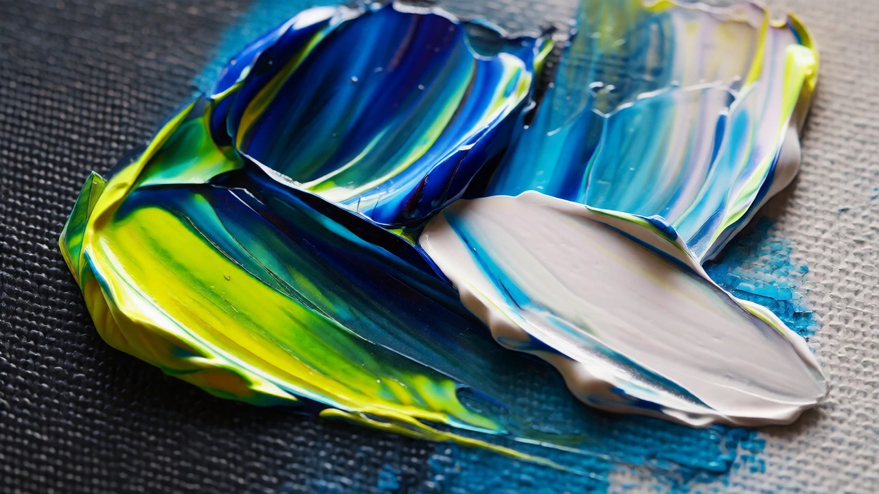 Close-up of thick impasto paint textures in neon green and blue on canvas.