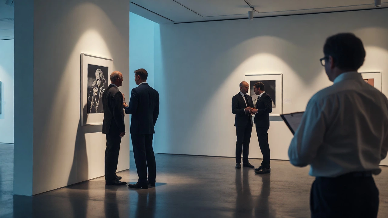 Collectors discussing a high-value photograph in a modern gallery