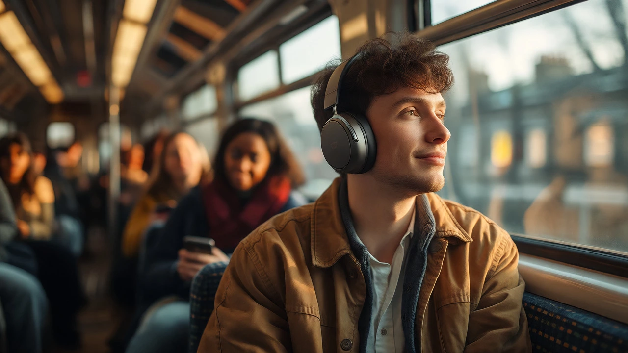 Commuter enjoying uninterrupted music on a London train
