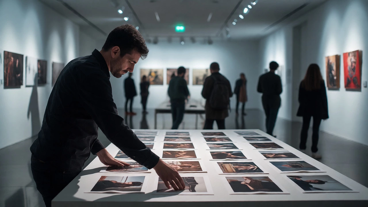 Curator reviewing printed portfolio images on a table in a modern gallery setting.