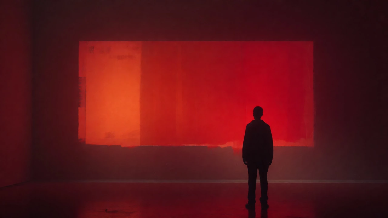 Figure immersed in a large red color field painting