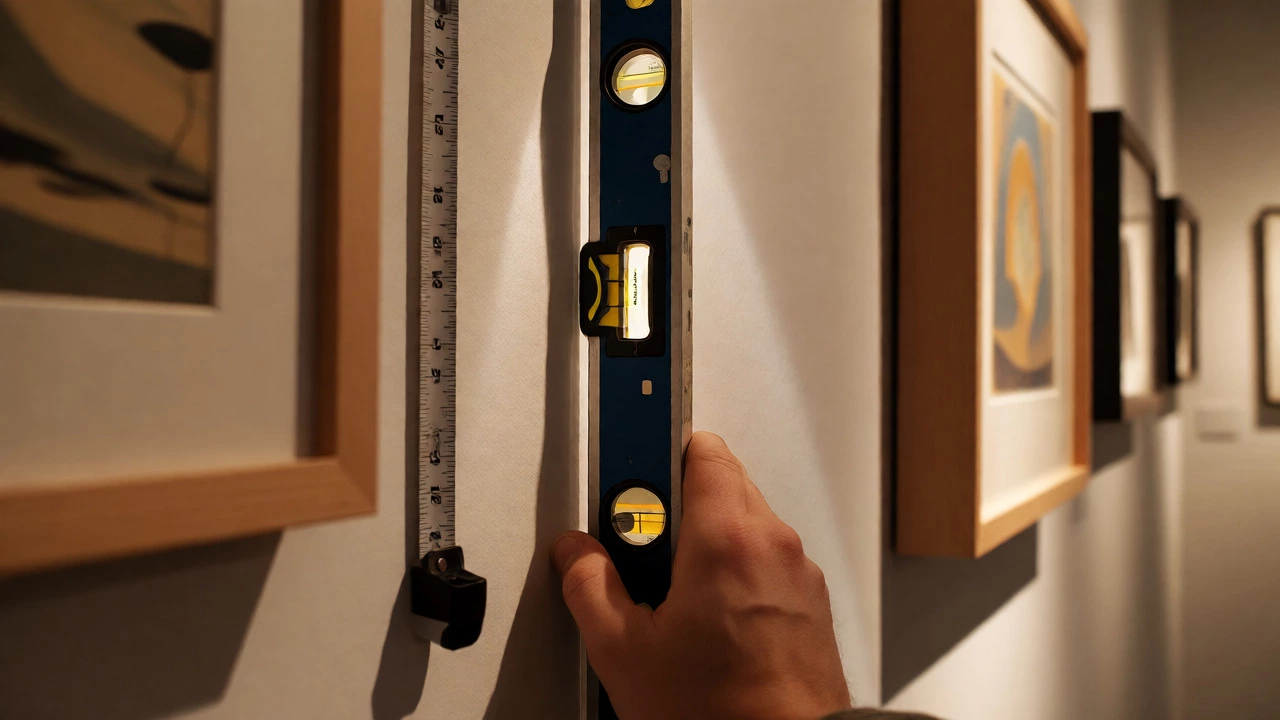 Hand using a level to hang a framed artwork at standard museum height.
