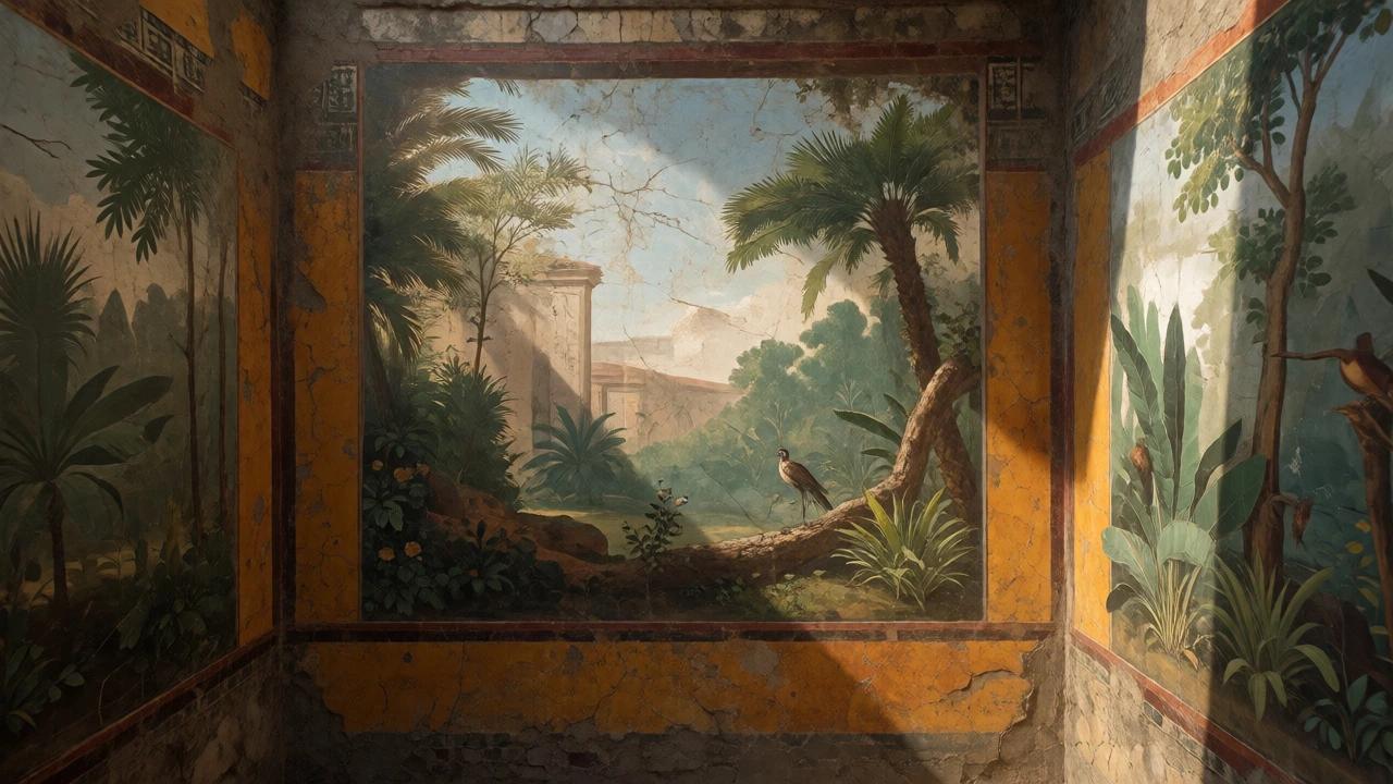 Illusionistic Roman garden fresco from Pompeii with birds and distant architecture.