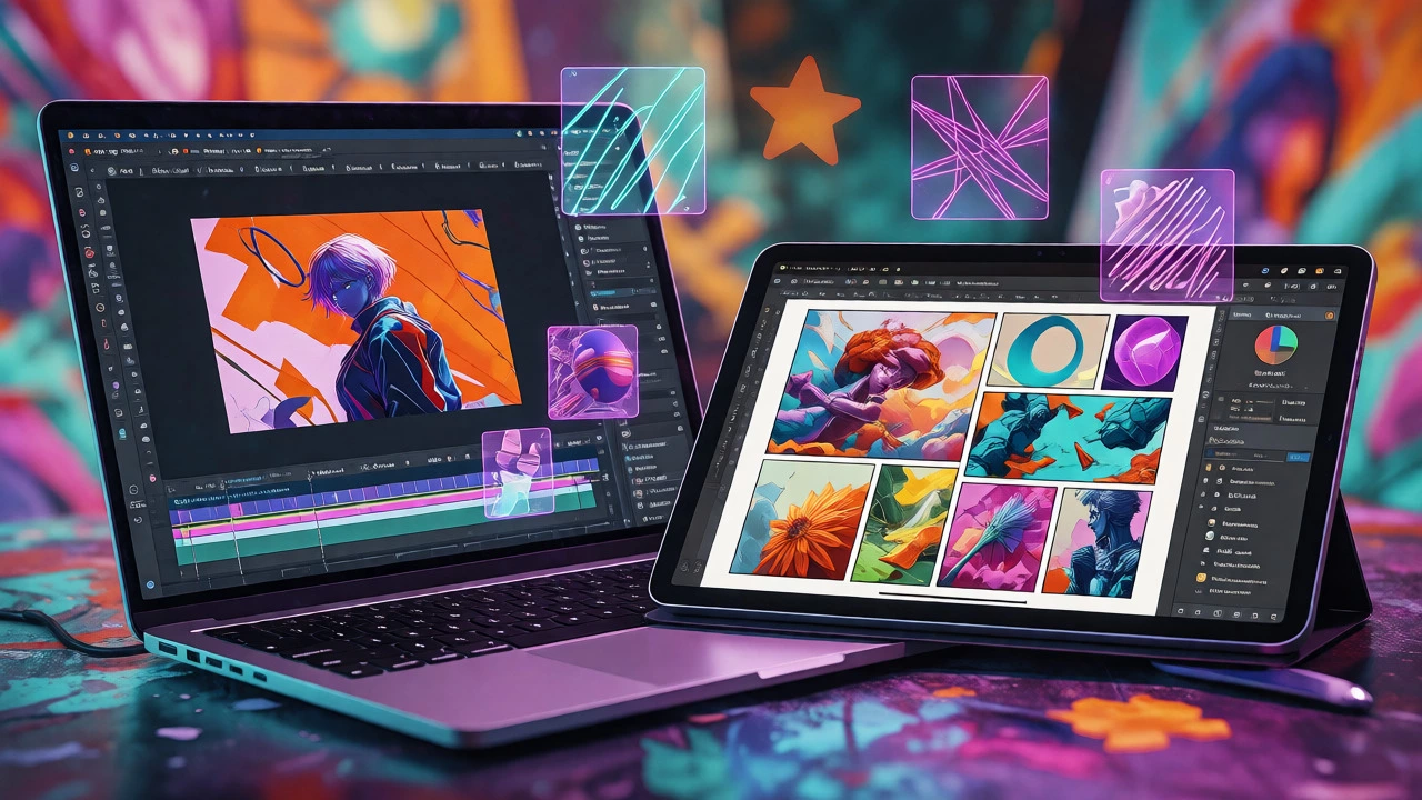 Laptop and tablet showcasing various digital art applications