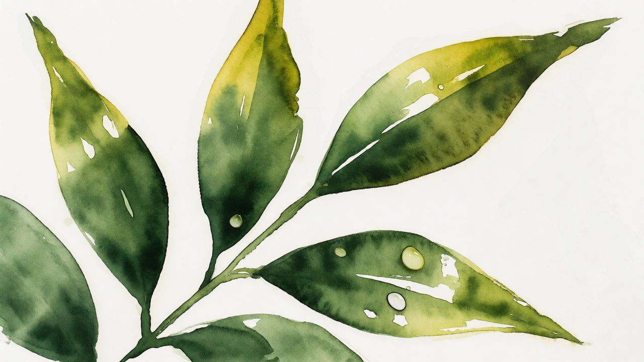 Macro view of loose watercolor green leaves showing translucent layers and water droplets.