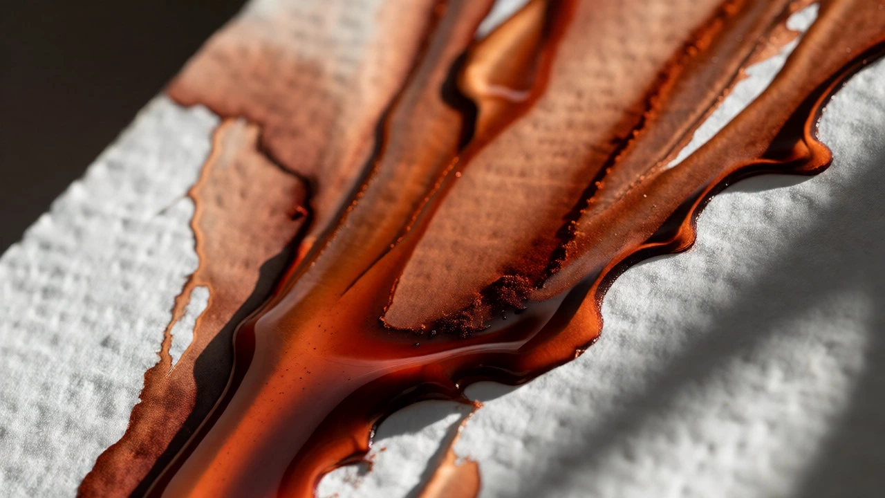Macro view of watercolor wash flowing down tilted paper with blooms
