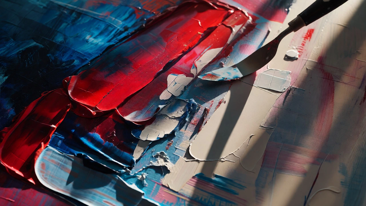 Palette knife scraping away thick paint layers from an abstract artwork.