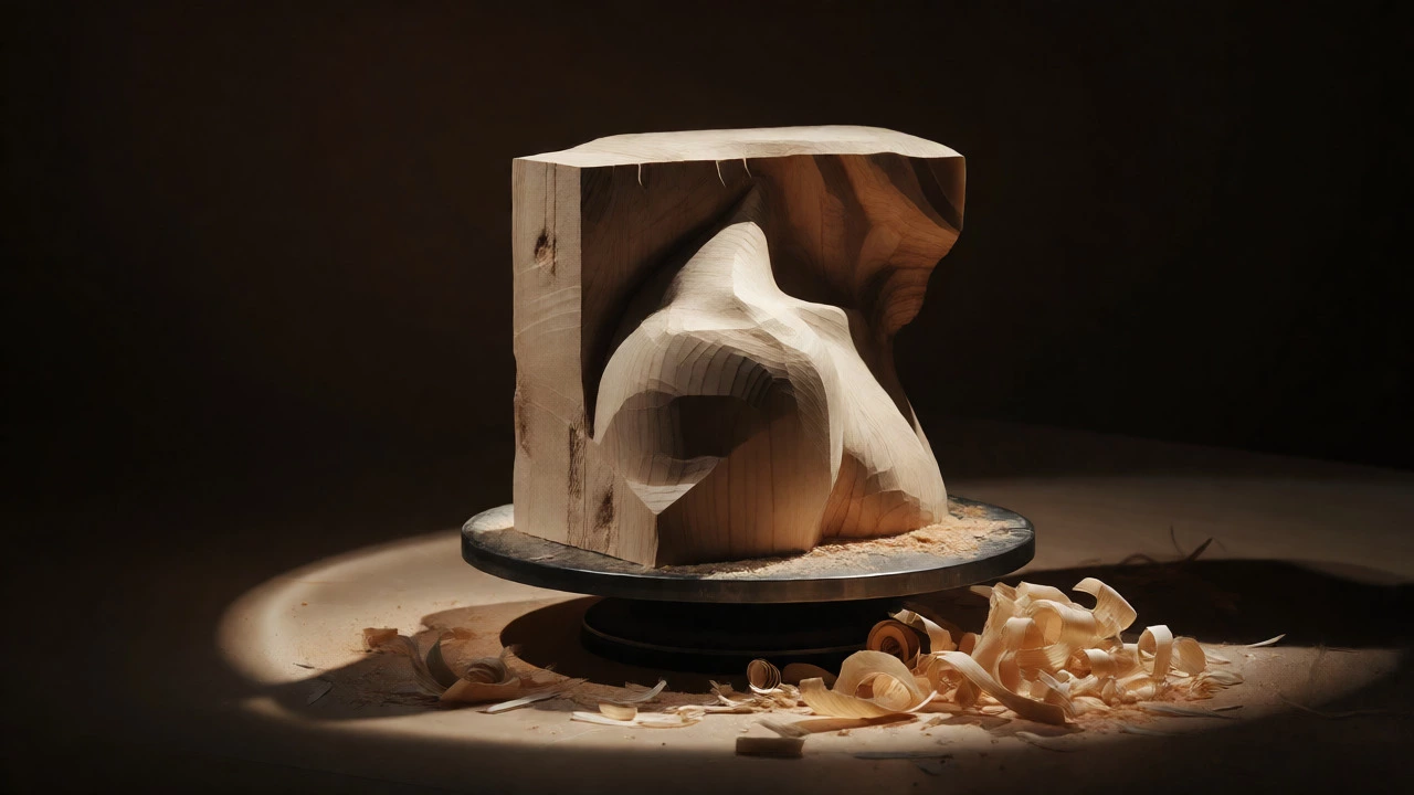 Partially carved wood block showing a developing figure on a turntable under dramatic lighting.