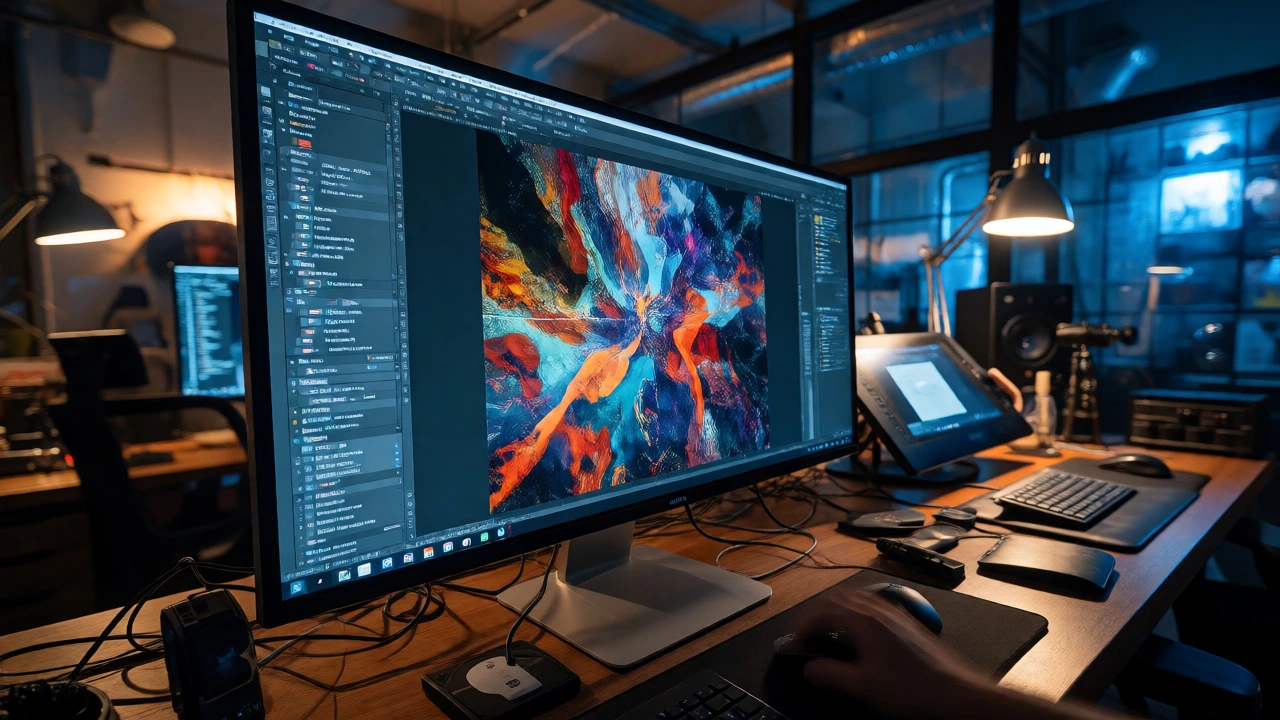 Professional desktop setup with dual monitors and graphics tablet
