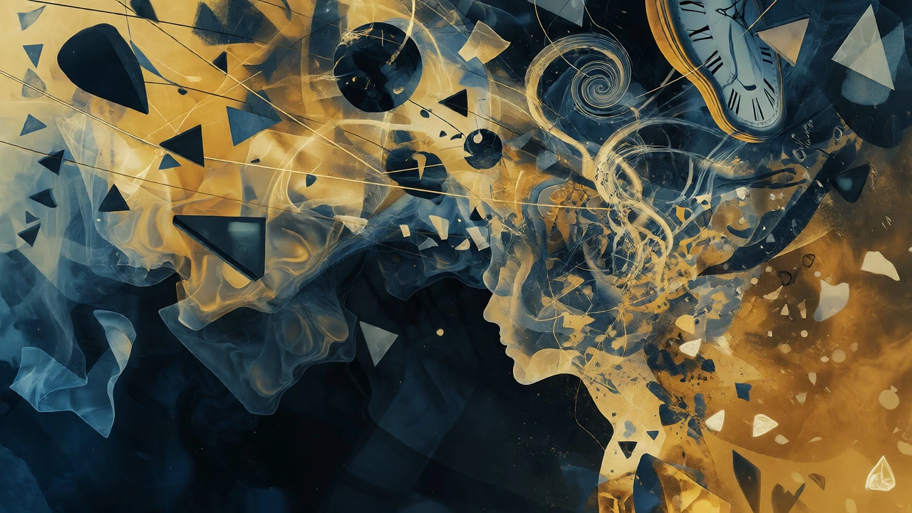 Surreal dreamscape with floating geometric shapes and colors representing the subconscious.