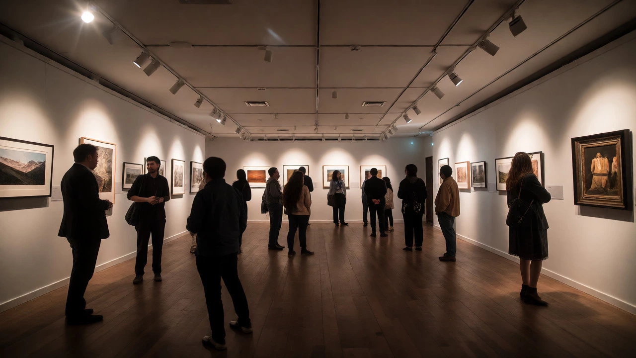Visitors viewing artworks in a well-lit, professionally arranged exhibition.