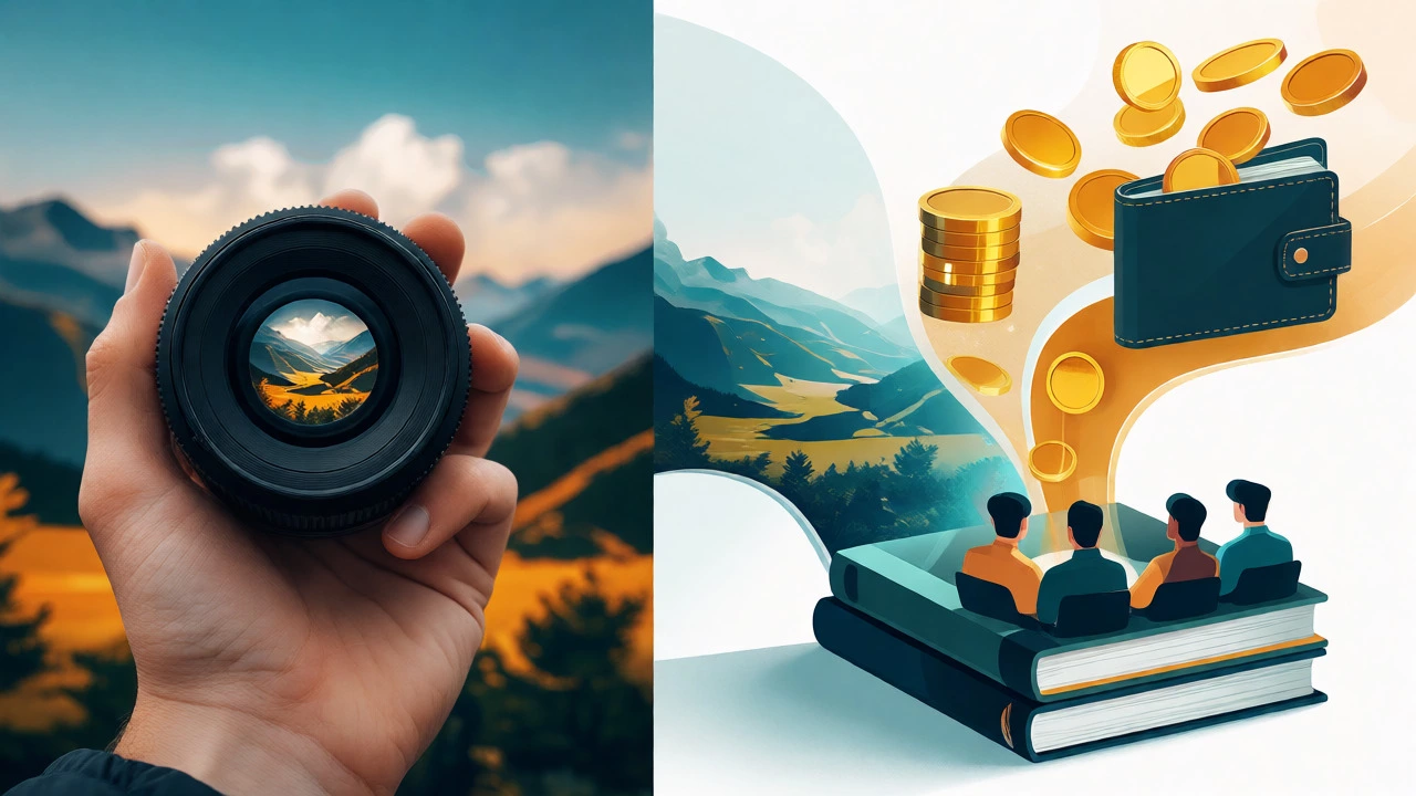 Visual metaphor showing photography income streams from licensing and books