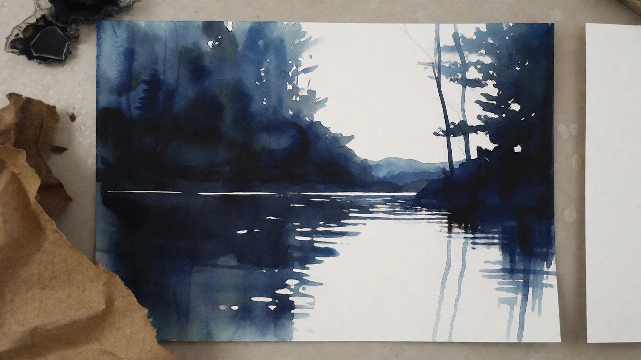 Watercolor painting using white paper as highlights amidst dark washes